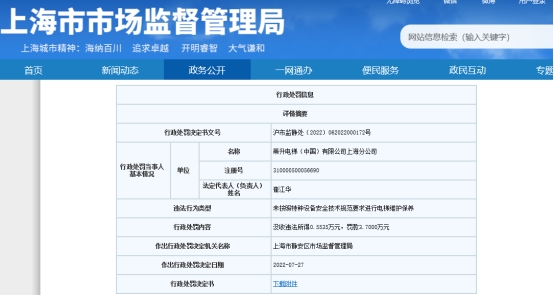 pg麻将胡了2试玩蒂升电梯上海分公司违法被罚 未按照要求维护保养电梯